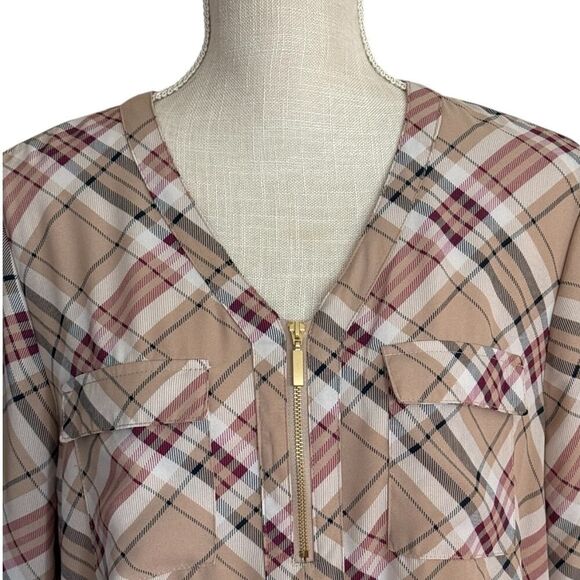 Cato, Lg, Plaid Pullover Blouse, 3/4 Roll Tab Sleeve, Gold 1/4 Zip V Neck, NWOT - Picture 2 of 6
